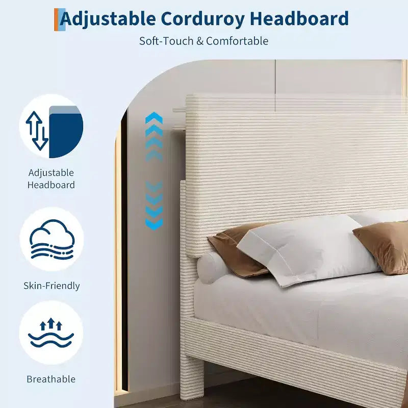 Bed Frame with USB Charging Station, Corduroy Upholstered Platform Bed Frame with Adjustable Storage Headboard, Easy Assembly