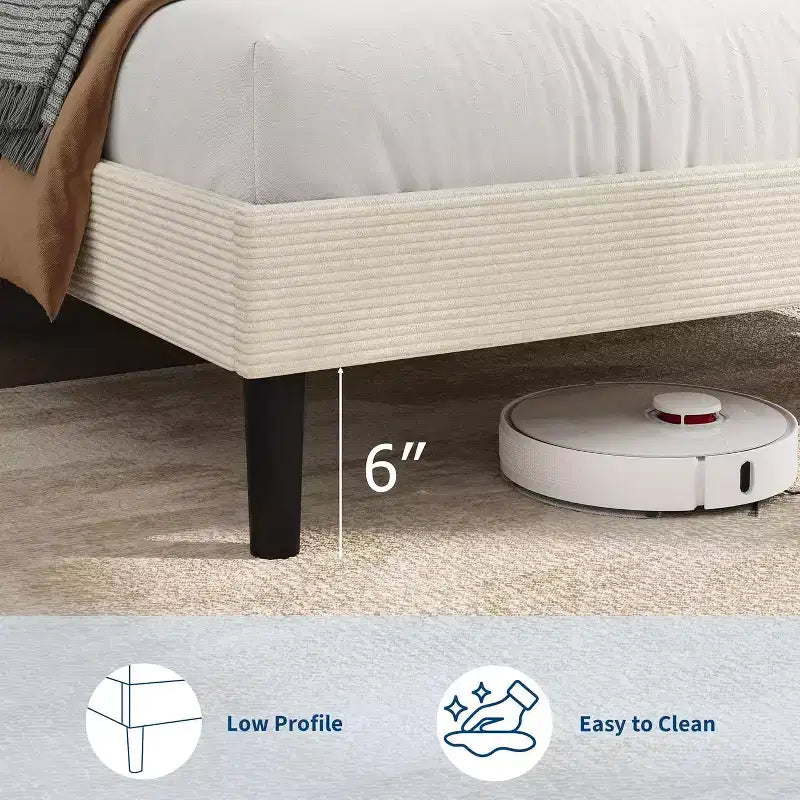 Bed Frame with USB Charging Station, Corduroy Upholstered Platform Bed Frame with Adjustable Storage Headboard, Easy Assembly