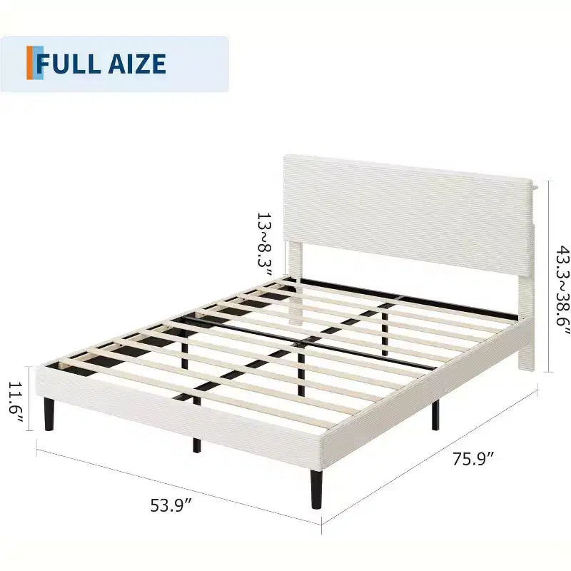 Bed Frame with USB Charging Station, Corduroy Upholstered Platform Bed Frame with Adjustable Storage Headboard, Easy Assembly