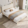 Bed Frame with USB Charging Station, Corduroy Upholstered Platform Bed Frame with Adjustable Storage Headboard, Easy Assembly