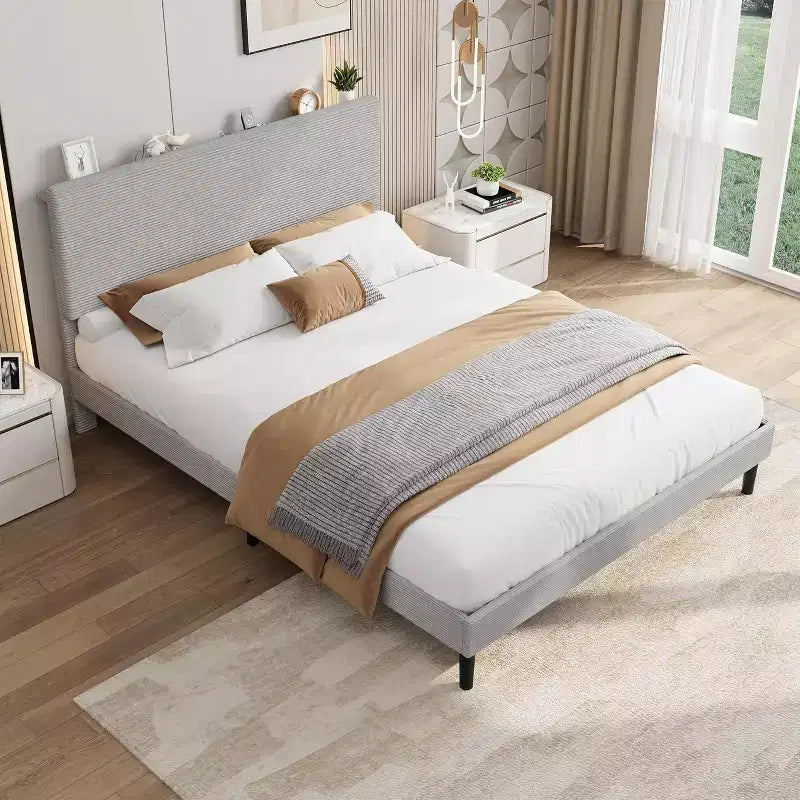 Bed Frame with USB Charging Station, Corduroy Upholstered Platform Bed Frame with Adjustable Storage Headboard, Easy Assembly