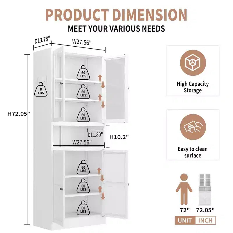 VIYET 72H Heavy-Duty Metal Kitchen Pantry Cabinet,150LBS/Shelf,Adjustable Shelves+Glass Doors,Freestanding for Kitchen/Pantry/Bathroom(White)