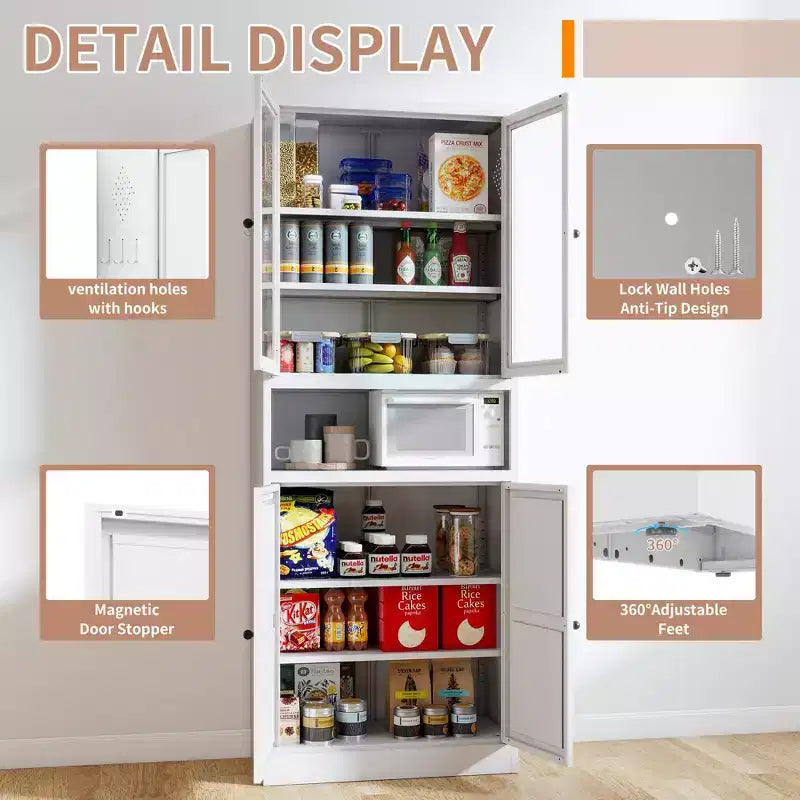 VIYET 72H Heavy-Duty Metal Kitchen Pantry Cabinet,150LBS/Shelf,Adjustable Shelves+Glass Doors,Freestanding for Kitchen/Pantry/Bathroom(White)