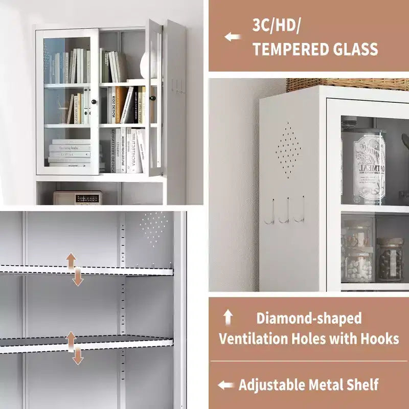 VIYET 72H Heavy-Duty Metal Kitchen Pantry Cabinet,150LBS/Shelf,Adjustable Shelves+Glass Doors,Freestanding for Kitchen/Pantry/Bathroom(White)