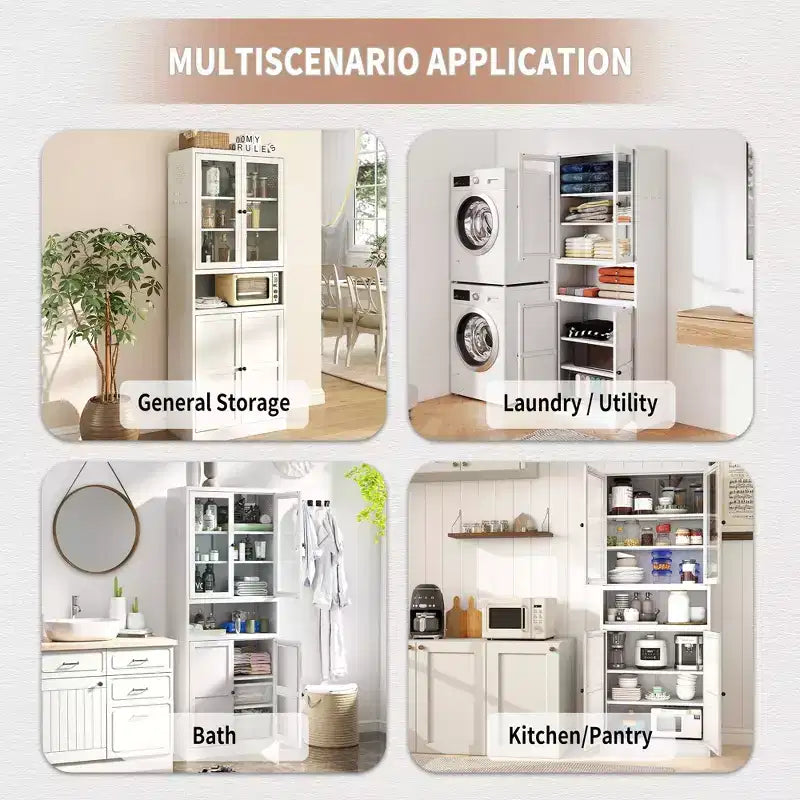 VIYET 72H Heavy-Duty Metal Kitchen Pantry Cabinet,150LBS/Shelf,Adjustable Shelves+Glass Doors,Freestanding for Kitchen/Pantry/Bathroom(White)