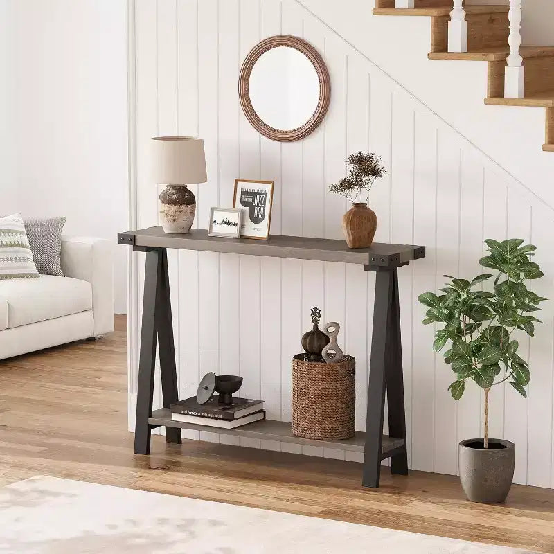 Narrow Console Table with 2 Shelves - V-Shaped Metal Frame,Shelf Space,Rustic Design-Perfect as a sofa or hallway table,living room,hallway,entryway
