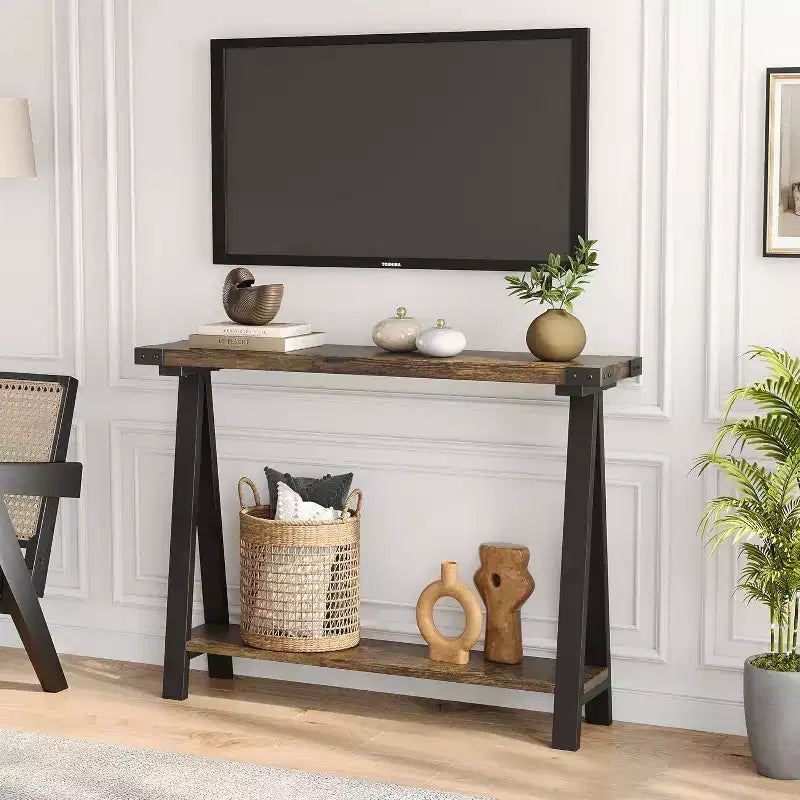 Narrow Console Table with 2 Shelves - V-Shaped Metal Frame,Shelf Space,Rustic Design-Perfect as a sofa or hallway table,living room,hallway,entryway