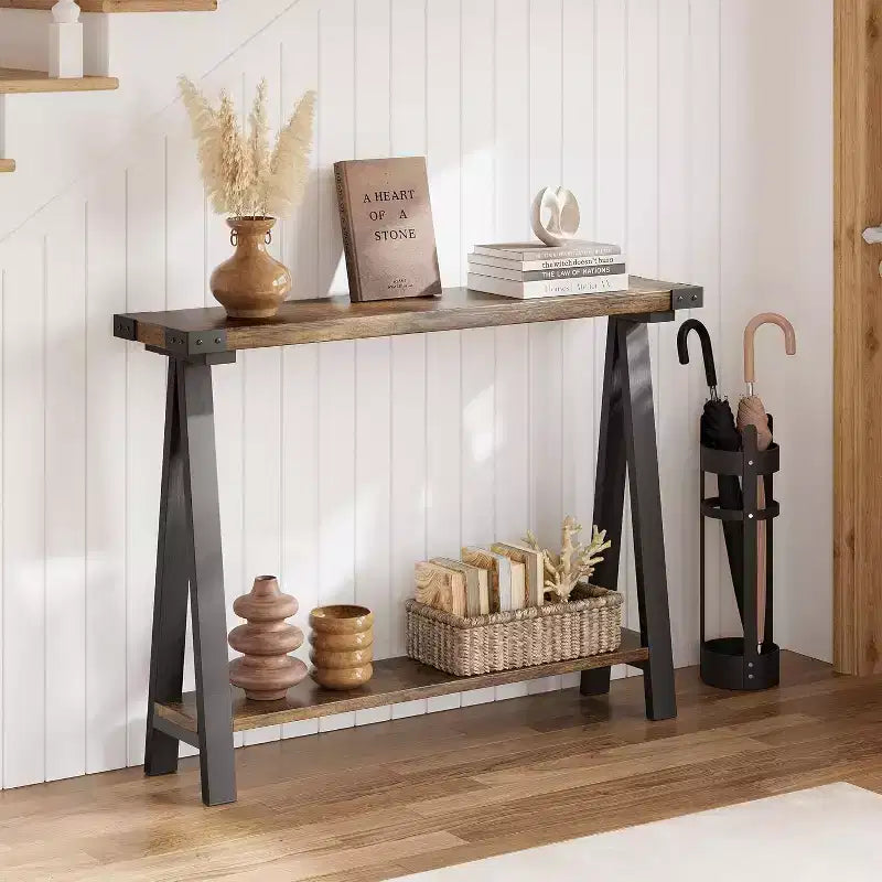 Narrow Console Table with 2 Shelves - V-Shaped Metal Frame,Shelf Space,Rustic Design-Perfect as a sofa or hallway table,living room,hallway,entryway