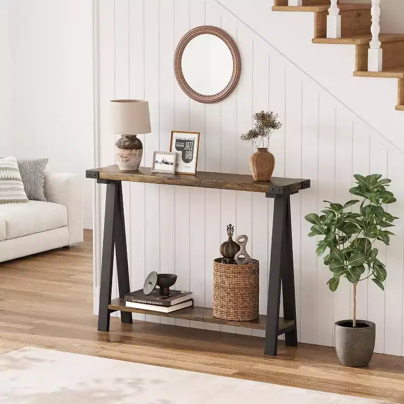 Narrow Console Table with 2 Shelves - V-Shaped Metal Frame,Shelf Space,Rustic Design-Perfect as a sofa or hallway table,living room,hallway,entryway