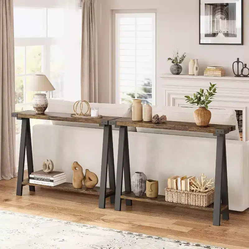 Narrow Console Table with 2 Shelves - V-Shaped Metal Frame,Shelf Space,Rustic Design-Perfect as a sofa or hallway table,living room,hallway,entryway