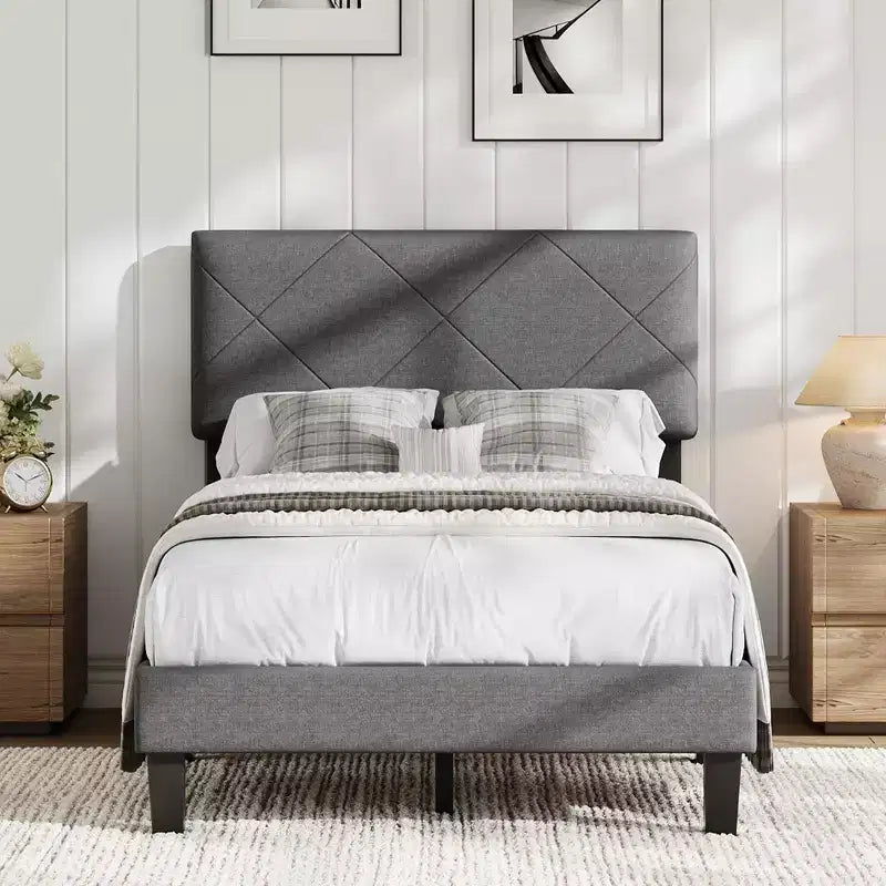 Acekool Upholstered Bed Frame with Diamond-Quilted Headboard, Platform Bed with Wooden Slat Support, No Box Spring Needed