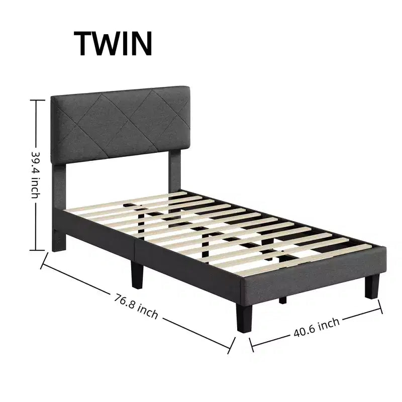 Acekool Upholstered Bed Frame with Diamond-Quilted Headboard, Platform Bed with Wooden Slat Support, No Box Spring Needed
