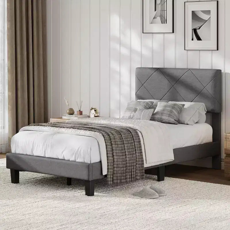 Acekool Upholstered Bed Frame with Diamond-Quilted Headboard, Platform Bed with Wooden Slat Support, No Box Spring Needed