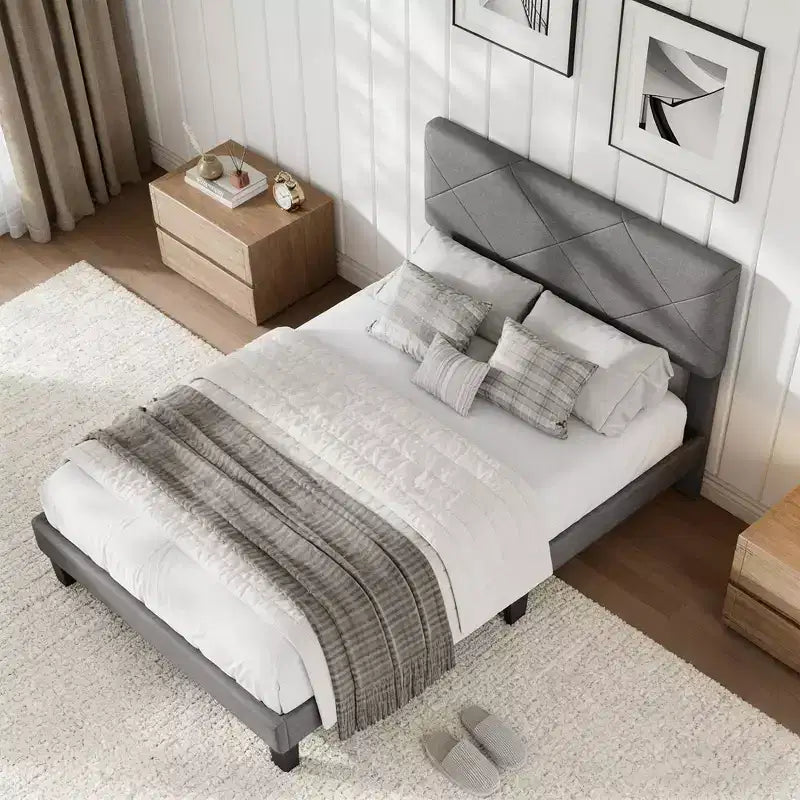 Acekool Upholstered Bed Frame with Diamond-Quilted Headboard, Platform Bed with Wooden Slat Support, No Box Spring Needed