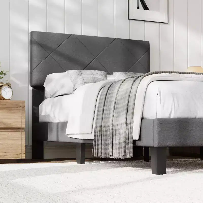 Acekool Upholstered Bed Frame with Diamond-Quilted Headboard, Platform Bed with Wooden Slat Support, No Box Spring Needed