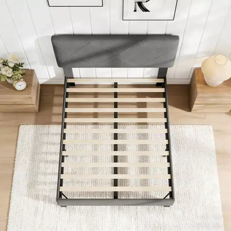Acekool Upholstered Bed Frame with Diamond-Quilted Headboard, Platform Bed with Wooden Slat Support, No Box Spring Needed