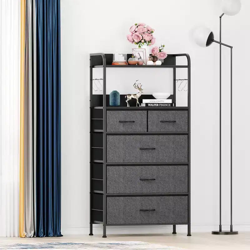 Bedroom Dresser with 5 Drawers, Fabric Storage Organizer with Wood Top, Strong Steel Frame, Easy Pull Handles, Versatile for Hallway, Closet