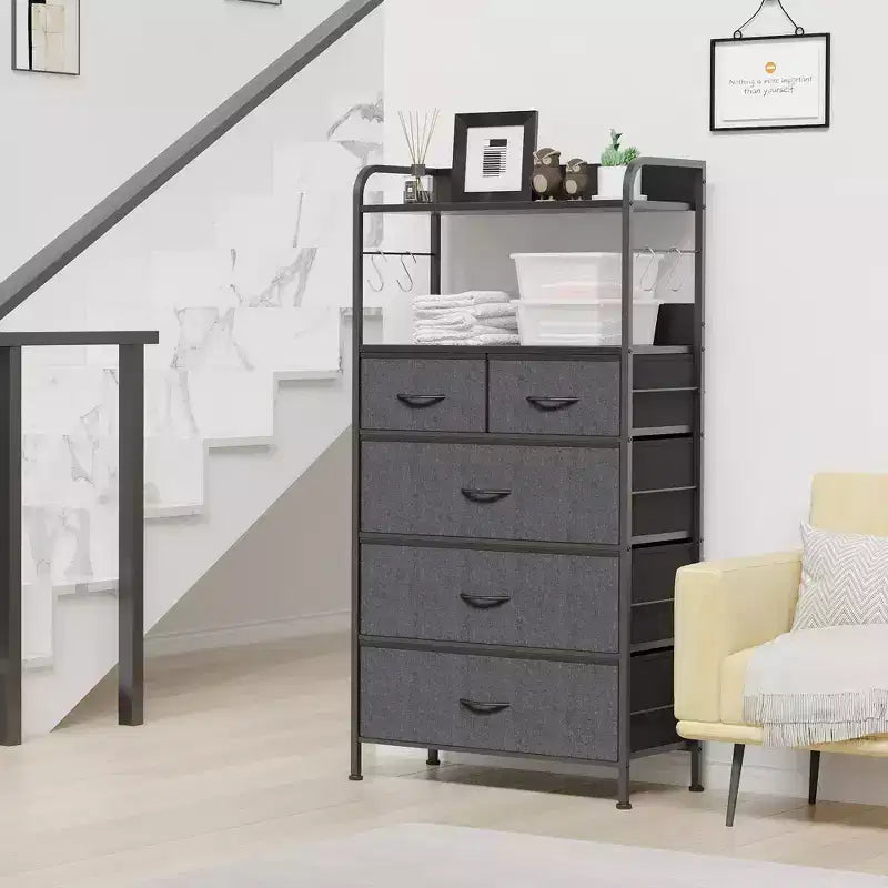 Bedroom Dresser with 5 Drawers, Fabric Storage Organizer with Wood Top, Strong Steel Frame, Easy Pull Handles, Versatile for Hallway, Closet