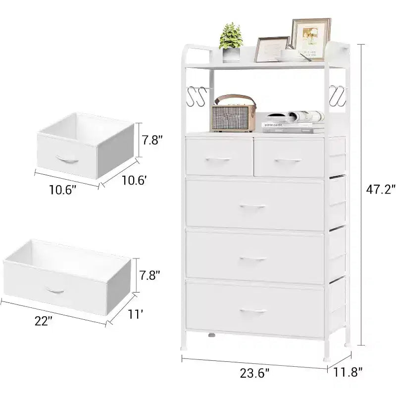Bedroom Dresser with 5 Drawers, Fabric Storage Organizer with Wood Top, Strong Steel Frame, Easy Pull Handles, Versatile for Hallway, Closet