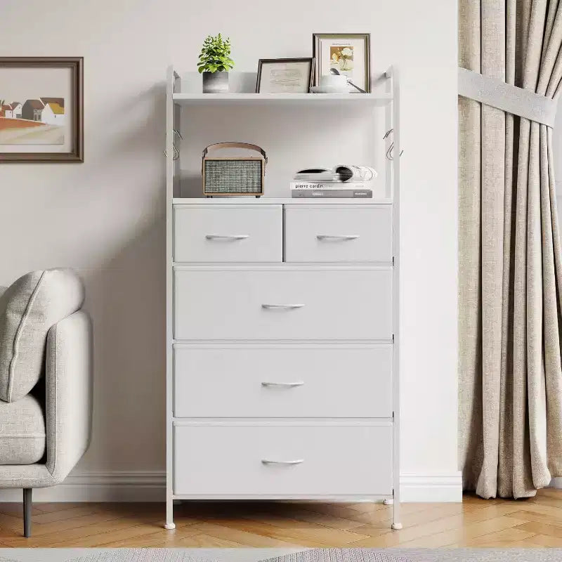 Bedroom Dresser with 5 Drawers, Fabric Storage Organizer with Wood Top, Strong Steel Frame, Easy Pull Handles, Versatile for Hallway, Closet