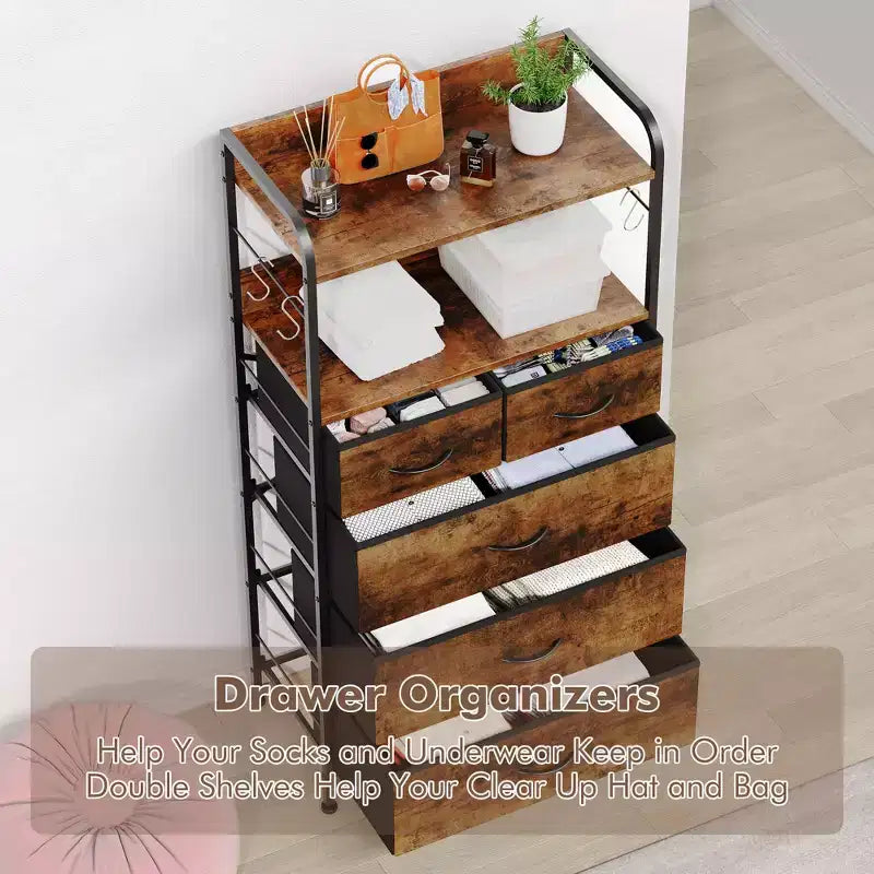 Bedroom Dresser with 5 Drawers, Fabric Storage Organizer with Wood Top, Strong Steel Frame, Easy Pull Handles, Versatile for Hallway, Closet