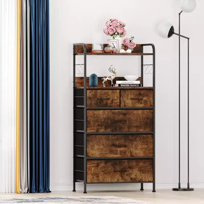 Bedroom Dresser with 5 Drawers, Fabric Storage Organizer with Wood Top, Strong Steel Frame, Easy Pull Handles, Versatile for Hallway, Closet