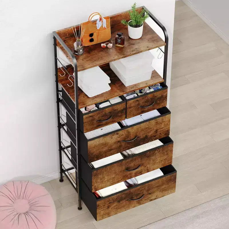 Bedroom Dresser with 5 Drawers, Fabric Storage Organizer with Wood Top, Strong Steel Frame, Easy Pull Handles, Versatile for Hallway, Closet