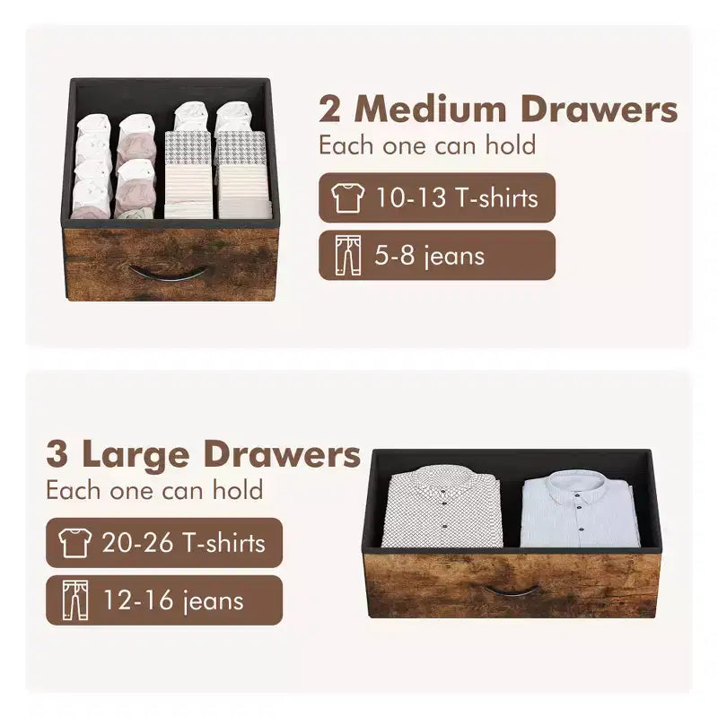Bedroom Dresser with 5 Drawers, Fabric Storage Organizer with Wood Top, Strong Steel Frame, Easy Pull Handles, Versatile for Hallway, Closet