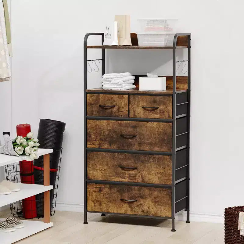 Bedroom Dresser with 5 Drawers, Fabric Storage Organizer with Wood Top, Strong Steel Frame, Easy Pull Handles, Versatile for Hallway, Closet