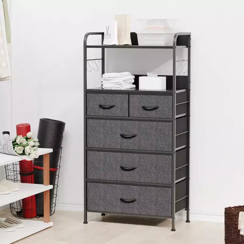 Bedroom Dresser with 5 Drawers, Fabric Storage Organizer with Wood Top, Strong Steel Frame, Easy Pull Handles, Versatile for Hallway, Closet