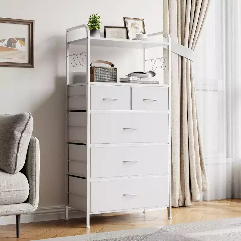 Bedroom Dresser with 5 Drawers, Fabric Storage Organizer with Wood Top, Strong Steel Frame, Easy Pull Handles, Versatile for Hallway, Closet