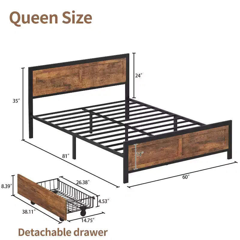 Dyonery Queen Size Platform Bed Frame with/without 4 Large Storage Drawers,Heavy Duty Steel Slat Support,Noise-Free Easy Tool-Free Assembly