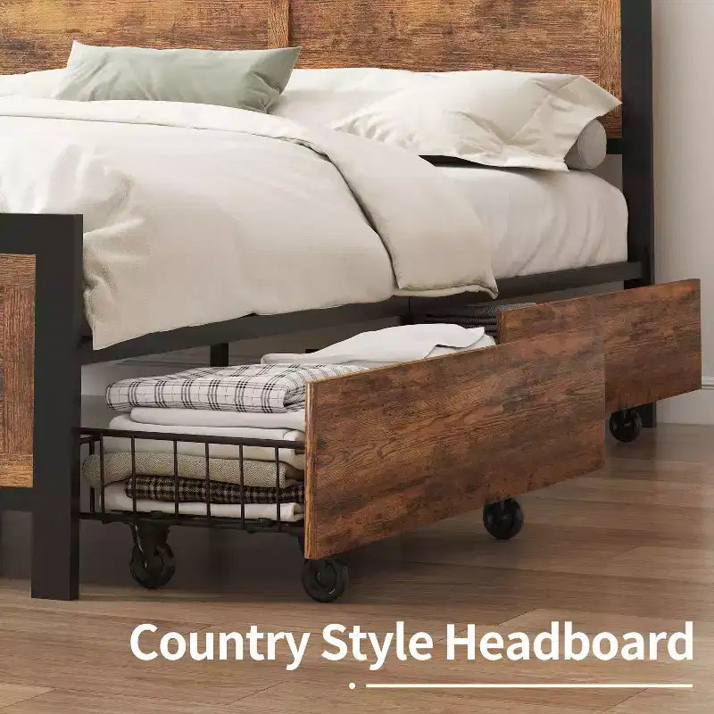 Dyonery Queen Size Platform Bed Frame with/without 4 Large Storage Drawers,Heavy Duty Steel Slat Support,Noise-Free Easy Tool-Free Assembly