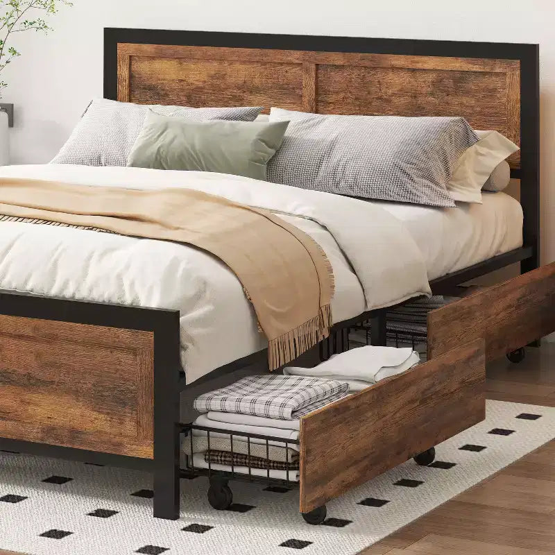 Dyonery Queen Size Platform Bed Frame with/without 4 Large Storage Drawers,Heavy Duty Steel Slat Support,Noise-Free Easy Tool-Free Assembly