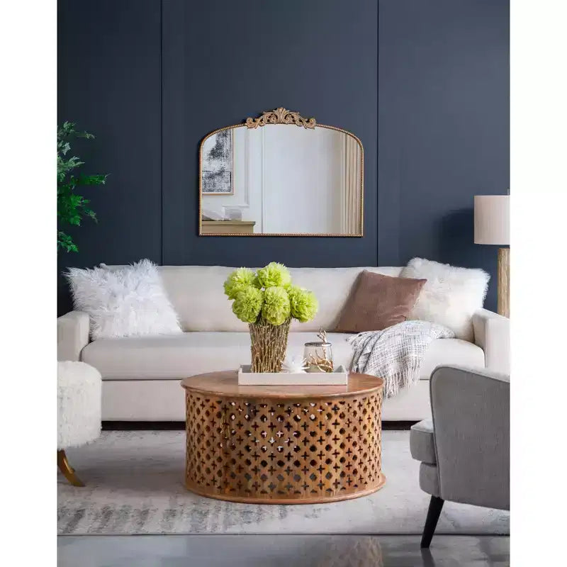 40 x 31 Inch Gold Arched Wall Mirror with Baroque Inspired Frame