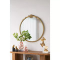 30 x 31 Inch Round Wall Mirror with Gold Finish and Decorative Leaf Crest