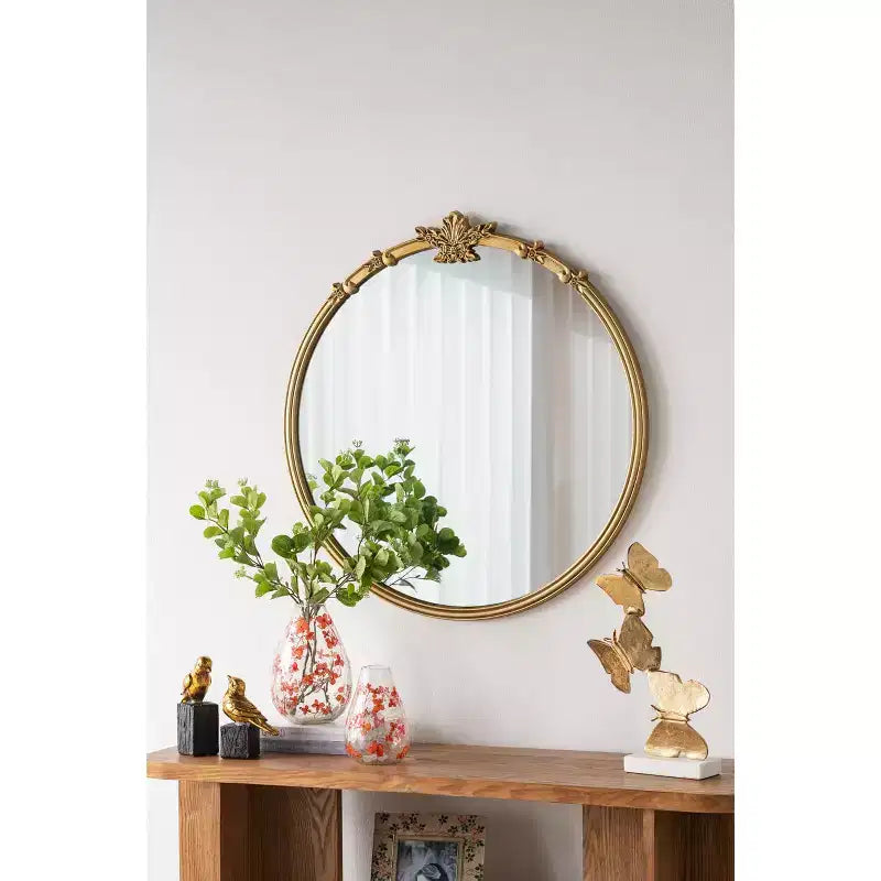 30 x 31 Inch Round Wall Mirror with Gold Finish and Decorative Leaf Crest