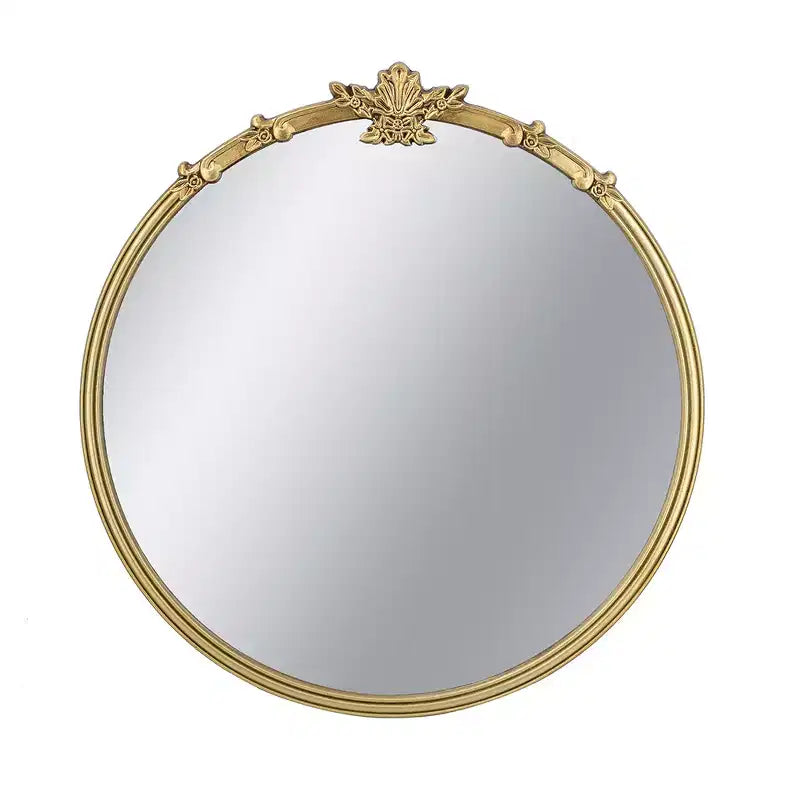 30 x 31 Inch Round Wall Mirror with Gold Finish and Decorative Leaf Crest