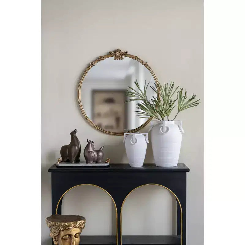 30 x 31 Inch Round Wall Mirror with Gold Finish and Decorative Leaf Crest