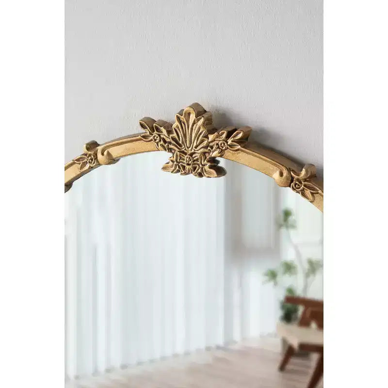 30 x 31 Inch Round Wall Mirror with Gold Finish and Decorative Leaf Crest