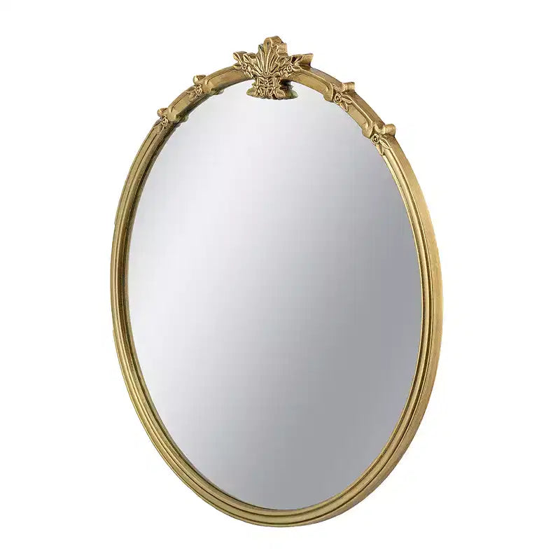 30 x 31 Inch Round Wall Mirror with Gold Finish and Decorative Leaf Crest