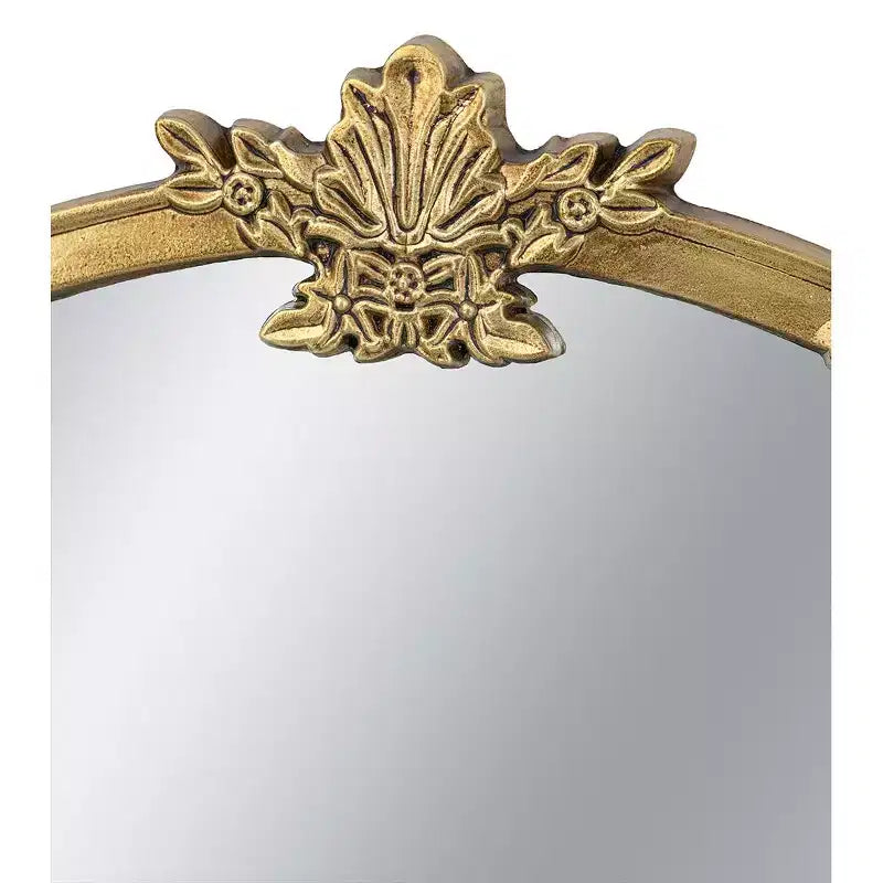 30 x 31 Inch Round Wall Mirror with Gold Finish and Decorative Leaf Crest