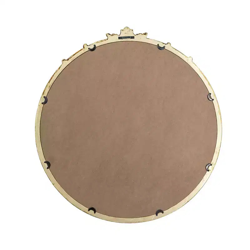 30 x 31 Inch Round Wall Mirror with Gold Finish and Decorative Leaf Crest