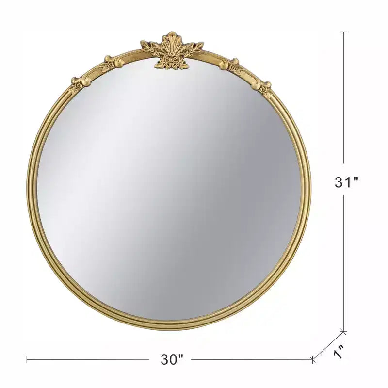30 x 31 Inch Round Wall Mirror with Gold Finish and Decorative Leaf Crest