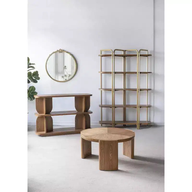 Round Coffee Table with Curved Legs and Brown Ash Veneer Finish D32x16.5