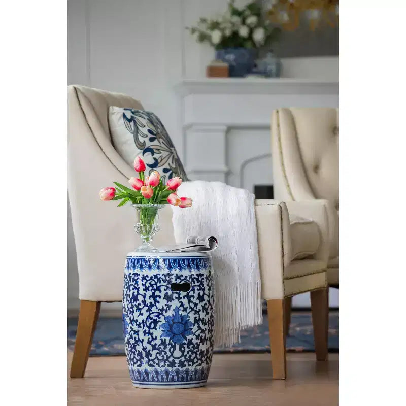 Blue and White Ceramic Garden Stool Side Table D11x16
