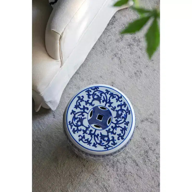 Blue and White Ceramic Garden Stool Side Table D11x16