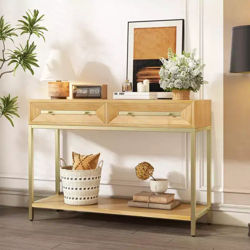 Clihome Entryway Table, Console Table with Two Drawers, Retro Hallway Table with Striking Geometric Design for Entryway and Living Room