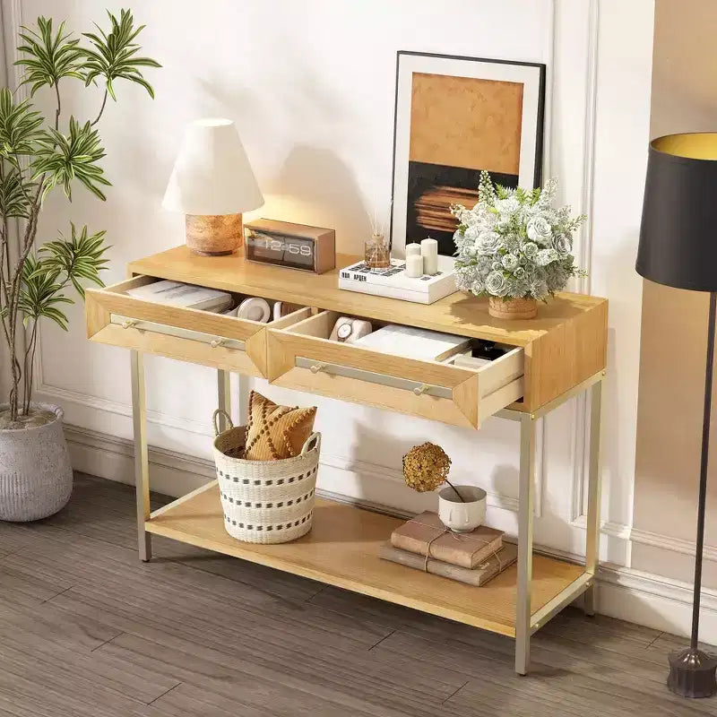 Clihome Entryway Table, Console Table with Two Drawers, Retro Hallway Table with Striking Geometric Design for Entryway and Living Room