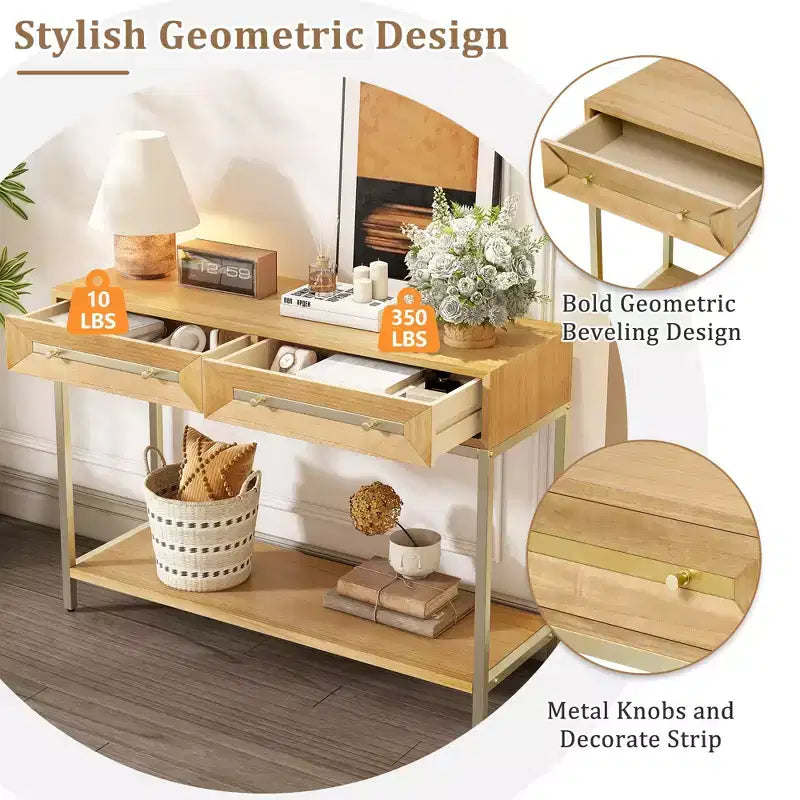 Clihome Entryway Table, Console Table with Two Drawers, Retro Hallway Table with Striking Geometric Design for Entryway and Living Room